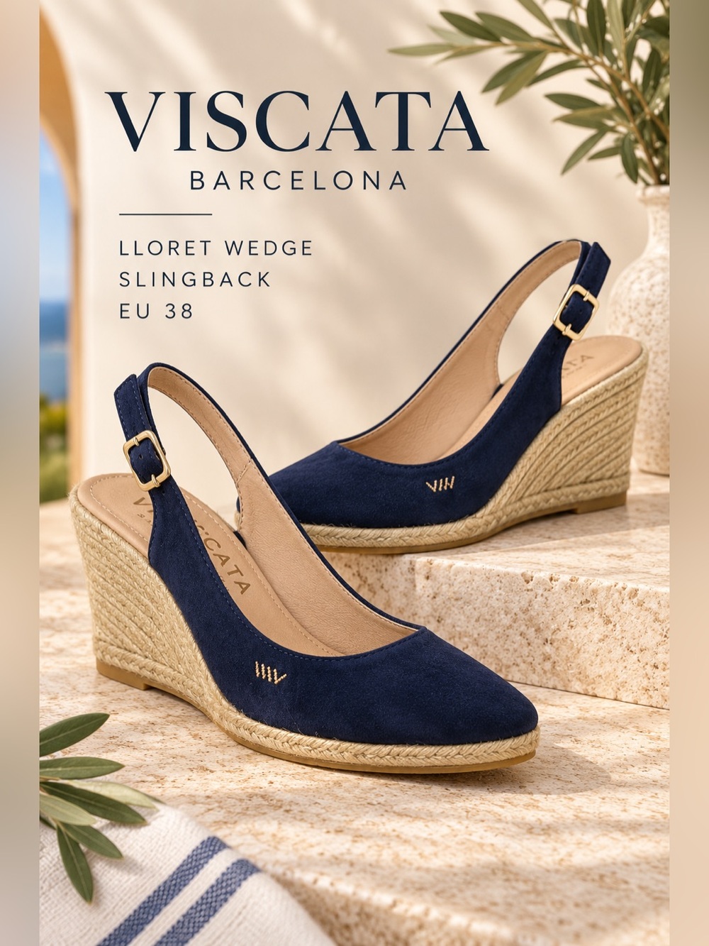 VISCATA Barcelona Lloret Navy Suede Espadrille Wedge Slingback Shoes Size 38